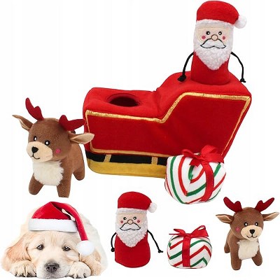 ZippyPaws Burrow Christmas Dog Toy - Plush Squeaky Holiday Dog Gifts - Santa's Sleigh with Reindeer
