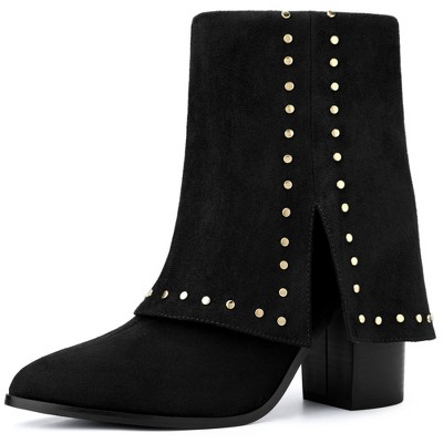 BLISSFUL STEP Women's Block Heel Fold Over Pointy Toe Studded Mid-Calf Boots