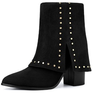 BLISSFUL STEP Women's Block Heel Fold Over Pointy Toe Studded Mid-Calf Boots - 1 of 4