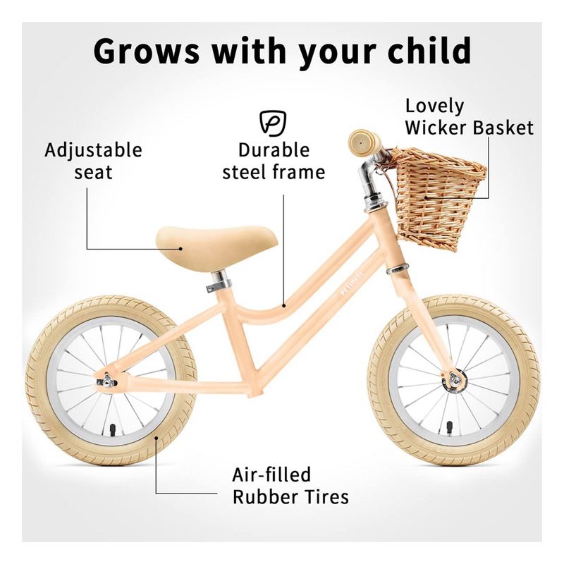 Petimini 12 Inch Kids Beginner Balance Bike with Front Wicker Bakset and Adjustable Seat and Handlebars for 2-6 Year Olds, 4 of 7