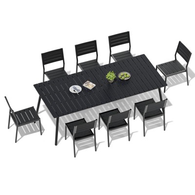 Crestlive Products Outdoor Dining Set Patio Dining Table with chairs Wooden-Like Top and Aluminum Frame Umbrella Hole