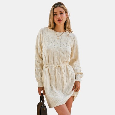 Women's Ivory Cozy Cable Knit Adjustable Waist Sweater Mini Dress  - Cupshe