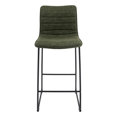 Olive Green Leather and Black Iron Bar Stool Set of 2