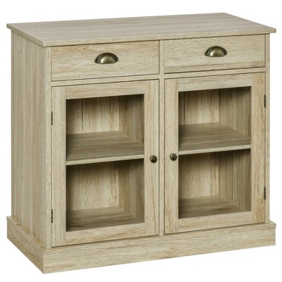 HOMCOM Rustic Farmhouse Style Sideboard Storage Cabinet with 2 Glass Doors Adjustable Shelves and 2 Drawers for Kitchen Dining Room Living Room Oak
