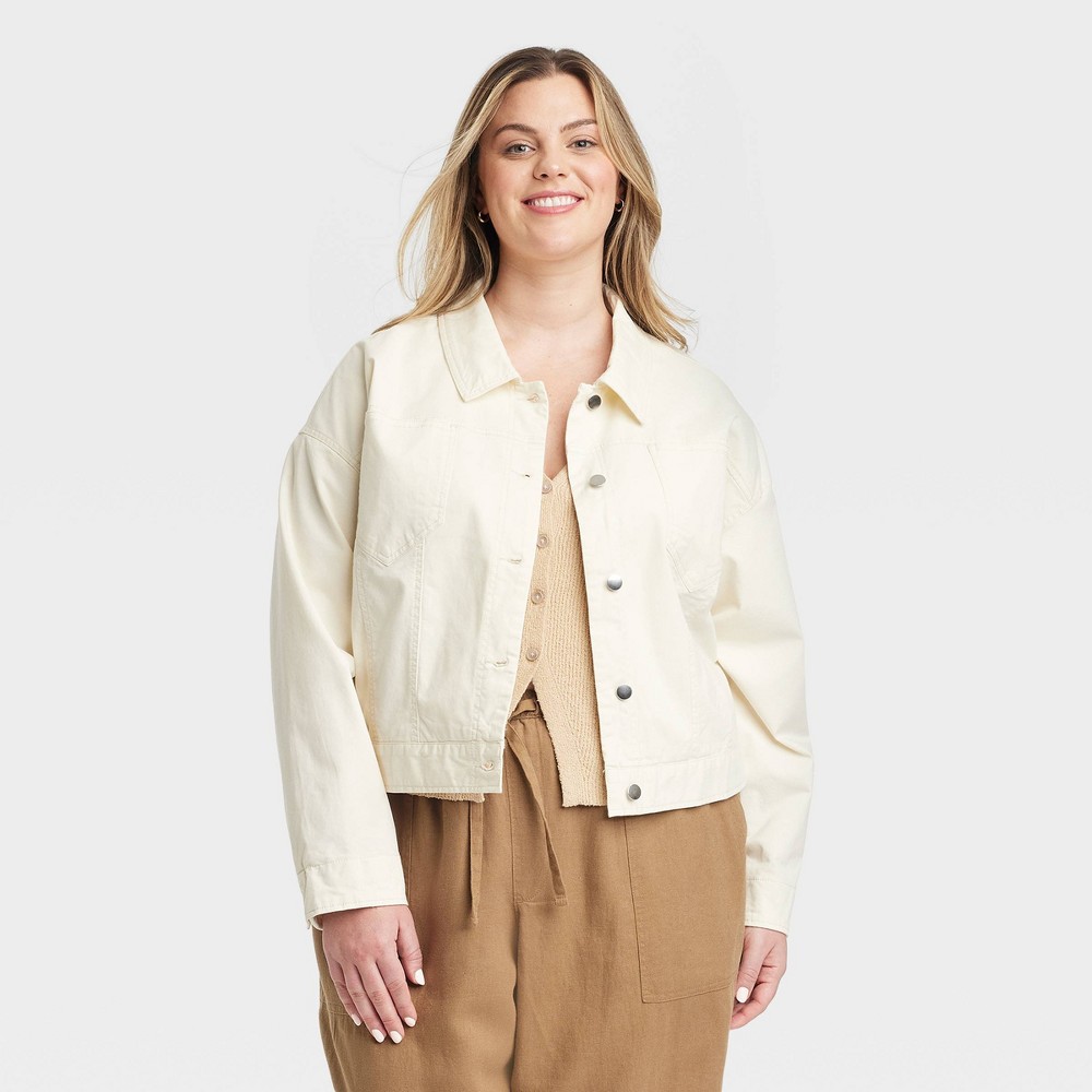 Women's Trucker Jacket - Universal Thread™ Cream XXL: Cotton Blend, Recycled Cotton, Spandex, Lightweight Twill,
