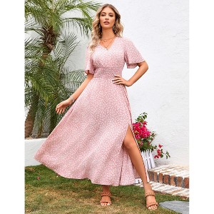 Women's Floral Print V-neck Ruffle Shortsleeve Waist Tie Dress Maxi Dress - 1 of 4