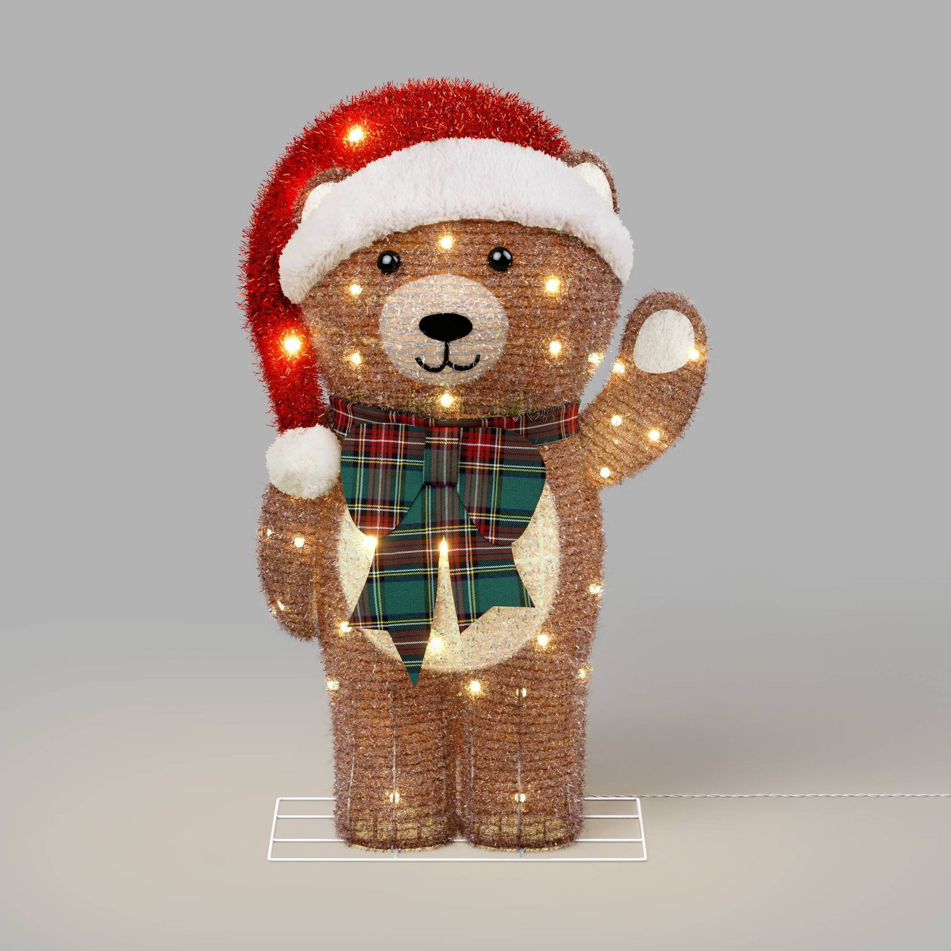 28" Christmas Tinsel Teddy Bear with Santa Hat and Plaid Bow - Wondershop™