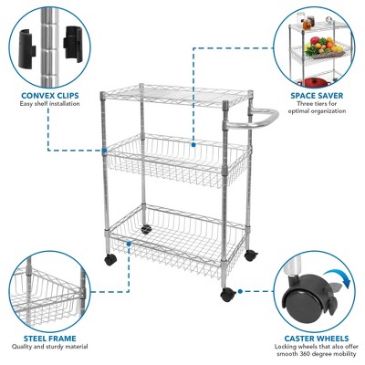 Silver 3-Tier Steel Rolling Utility Cart with Lockable Wheels