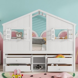 TIRAMISUBEST Full Size Loft Bed with Roof & Windows, 4 Drawers, Pine Wood Frame, Safety Guardrails & Ladder - White - 1 of 4
