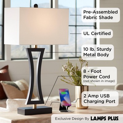 Set of 2 Black Metal Table Lamps with USB Ports and White Shades