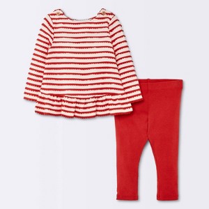 Baby Girls' 2pc Striped Scalloped Long Sleeve T-Shirt and Ribbed Leggings Set - Cloud Island™ Red - 1 of 4