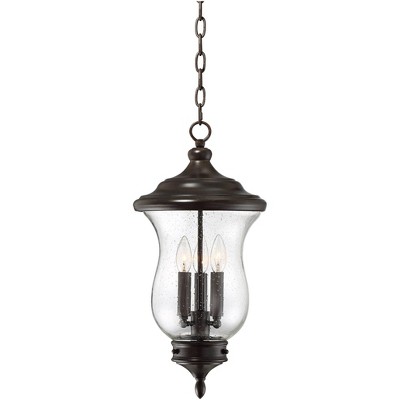 Franklin Iron Works Outdoor Ceiling Light Hanging LED Dimmable Bronze 22" Clear Seedy Glass for Exterior House Porch Patio