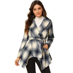 Allegra K Women's Shawl Collar Asymmetric Hem Thin Belted Plaids Wrap Coat - 1 of 4