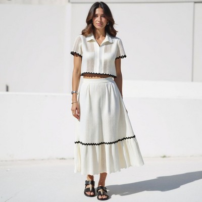 Knit & Lounge Women’s Cropped Collared Short Sleeve Knit Top and High Waist Midi Skirt Set