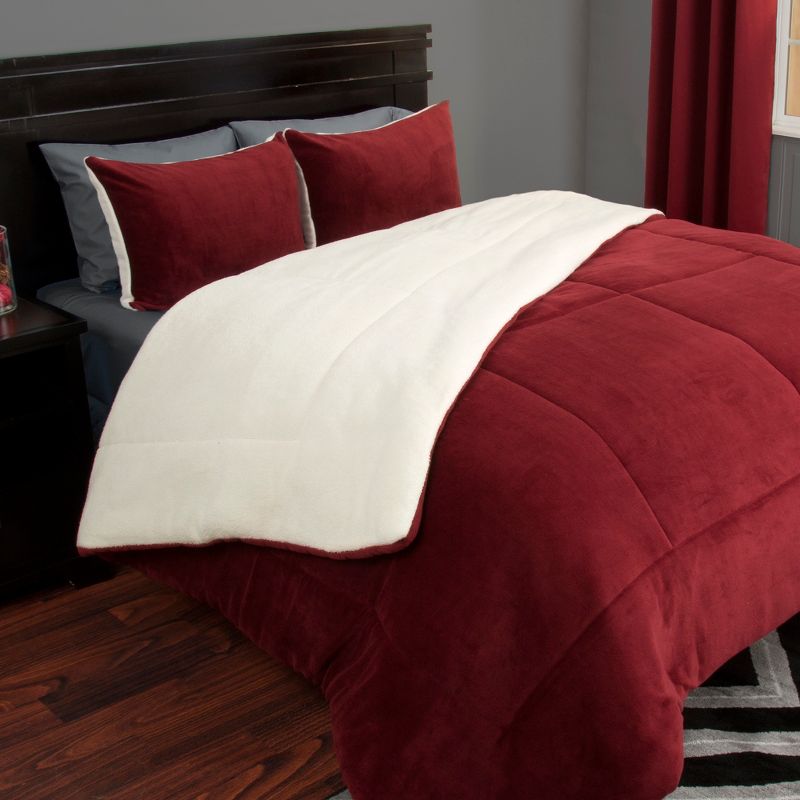Full/Queen Comforter Set – 3-Piece Fleece Bedspread with Pillow Shams – Warm, Cozy, Machine-Washable Bedding by Lavish Home (Burgundy), 1 of 5