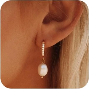 14K Gold Pearl Huggie Hoop Earrings | Hypoallergenic Bridal Gift for Her - 1 of 4