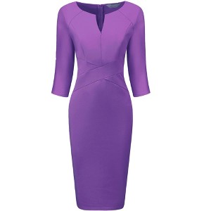 Hobemty Women's Work Zipper Neck Cross Waist-Lined 3/4 Sleeve Midi Pencil Dresses - 1 of 4