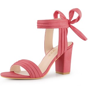 Allegra K Women's Back to College Faux Suede Open Toe Ankle Tie Back Chunky Heel Sandals - 1 of 4