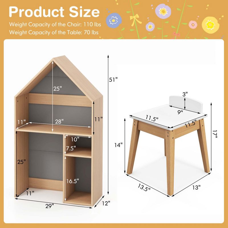 Costway Kids House-Shaped Table & Chair Set Wooden Toy Organizer Cabinet with Blackboard Grey/White, 4 of 11