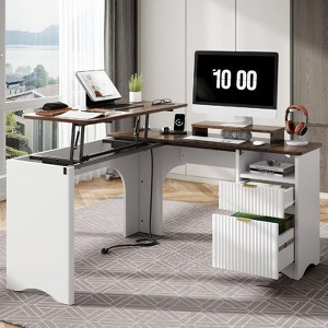 Bestier L-Shaped Corner Desk with Lift Top, 55'' x 55'' Modern Home Office Desk with Fluted Panel Design Drawers - 1 of 4