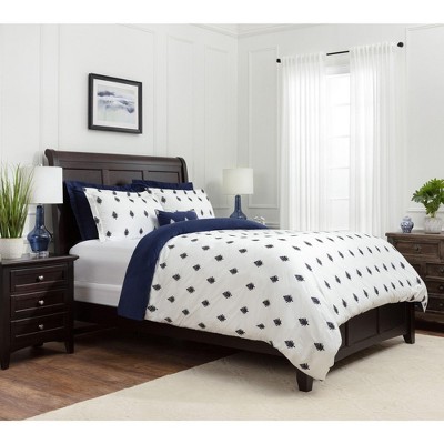 Navy and White Embroidered Microfiber Queen Duvet Cover Set