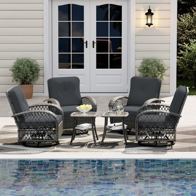 UPHA 6-Piece Patio Outdoor Wicker Swivel Rocking Chair Set with Side Table and Dark gray Cushions