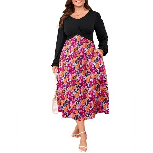 Coolmee Women's Casual Plus Size Maxi Dresses V Neck Puff Long Sleeve Sleeve Floral A-Line Swing Dress - 1 of 4