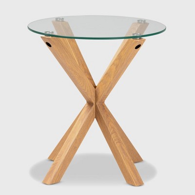 Round Glass and Wood End Table with Sculptural Base