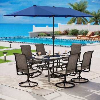 7pc Outdoor Dining Set with Metal Slat Top Table with 1.6" Umbrella Hole & Swivel Chairs - Captiva Designs