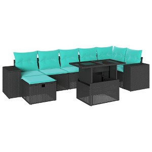 vidaXL 8 Piece Garden Sofa Set with Cushions Black Poly Rattan - Black - 1 of 4