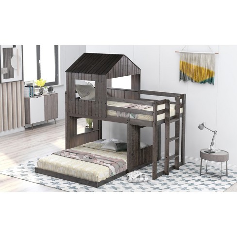 Whisen Playhouse Style L-Shaped Twin Over Full Bunk Bed with Built-in Ladder and Guardrails - image 1 of 4