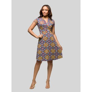 24seven Comfort Apparel Womens Floral Print Short Sleeve Knee Length V Neck Wrap Dress - 1 of 4