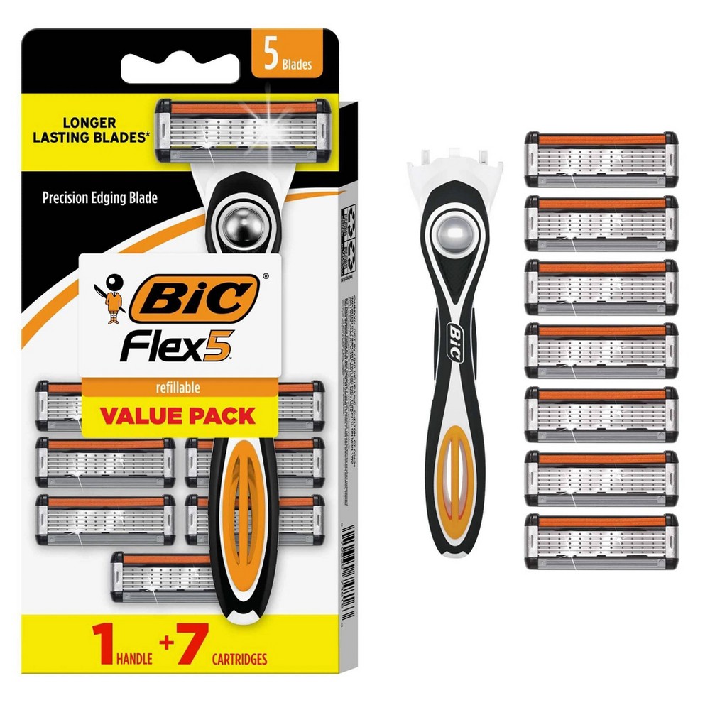 BiC Flex 5 Men's Refillable 5-Blade Razors - 1 Handle + 7 Cartridges: Whole Body, Manual Use, All Hair Types