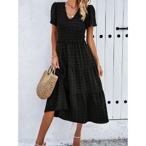 Women's Smocked V Neck Short Sleeve Dress Casual Stretchy Summer Sundress Comfortable Loose Fit - 1 of 4