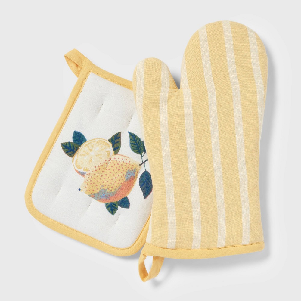 2pc Cotton Lemons Oven Mitt and Pot Holder - Threshold