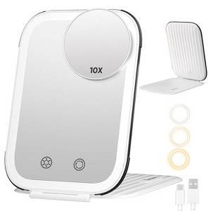 FUNTOUCH  Adjustable and Rechargeable Travel Makeup Mirror with 3-Color 80 LED Lights and 10X Magnification, Battery,Touch Dimming, White - 1 of 4