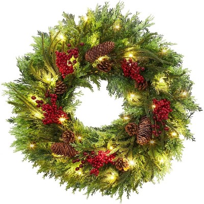 TackView 22" Christmas Wreath, Artificial Xmas Wreaths for Front Door with Pine Cone and Berries, Christmas Decorations for Windows, Wall, Mantel