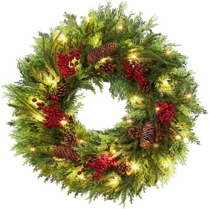 TackView 22" Christmas Wreath, Artificial Xmas Wreaths for Front Door with Pine Cone and Berries, Christmas Decorations for Windows, Wall, Mantel - 1 of 4