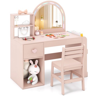 Safstar Kids Vanity Desk with Lights Open Bookshelf Storage Drawer Compartment & Shelves