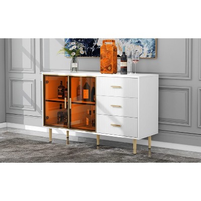 NicBex Buffet Cabinet with Amber-yellow Tempered Glass Doors and 3 Drawers,Sideboard Cabinet with Metal Handles,Storage Cabinet for Living Room,White