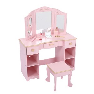 Kids Dressing Table and Stool Set, Pink Girls Vanity Desk with Tri-Folding Mirror, 3 Drawers & 4 Open Storage Shelves, Children's Makeup Desk - 1 of 4
