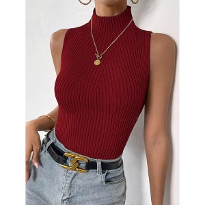 YESFASHION Ribbed Mock Neck Sleeveless Knit Top Form-Fitting