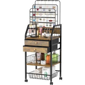 Large Metal Jewelry Armoire with 2 Drawers Storage Baskets, Multi-Tier Display Stand for Necklaces, Bracelets & Rings, Black/Brown - 1 of 4