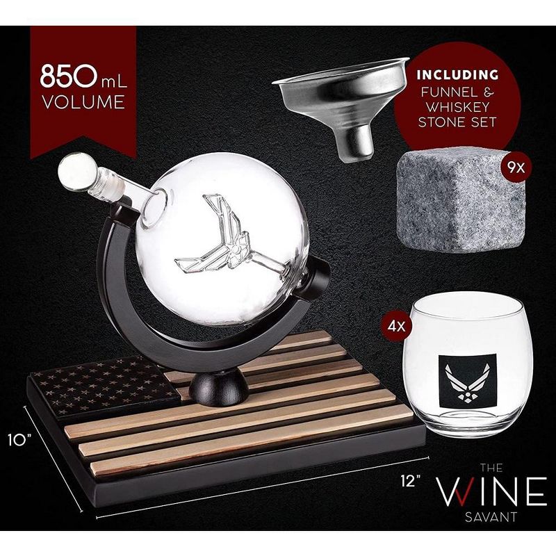 The Wine Savant Airforce Globe Design Whiskey & Wine Decanter Set Includes 4 Airforce Whiskey Glasses & 9 Whiskey Stones - 850 ml, 5 of 7