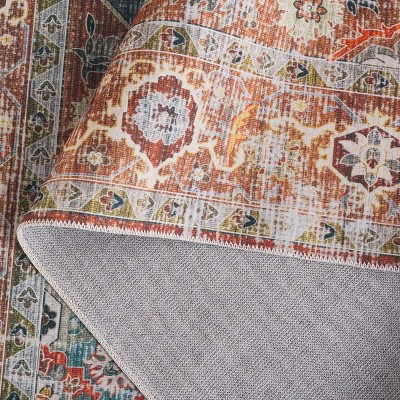 Rust and Blue Green 4' x 6' Synthetic Washable Area Rug