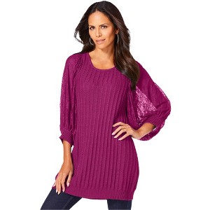 Roaman's Women's Plus Size Lace Sleeve Sweater - 1 of 4
