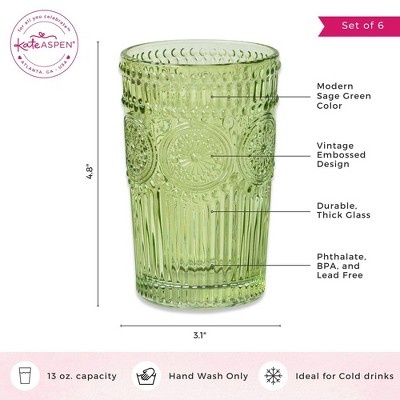 Vintage Textured Sage Green Ribbed Glassware Set of 6, 13 oz