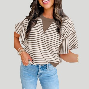 Amaryllis Women’s Striped Flutter Sleeve Casual Knit Top Relaxed Fit Ribbed Trim - 1 of 4