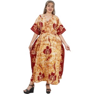 LA LEELA Women's Summer Batik Caftan Loungewear House Dashiki Dress V Neck Kaftan Nightshirts for Women Sleepwear Plus size 2X-3X Brown, Floral - 1 of 4