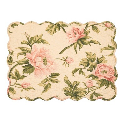 Pink and Cream Cotton Quilted Floral Scalloped Placemats, Set of 6